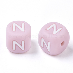Food Grade Eco-Friendly Silicone Beads, Horizontal Hole, Chewing Beads For Teethers, DIY Nursing Necklaces Making, Letter Style, Cube, Pink, Letter.N, 10x10x10mm, Hole: 2mm