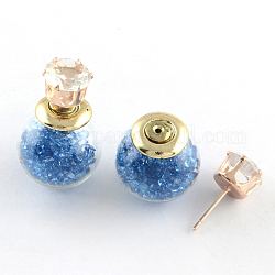 Dobles aretes bola de cristal lados, con diamantes de imitación de resina y espigas de hierro de oro, acero azul, 16mm, 8mm, pin: 0.7 mm