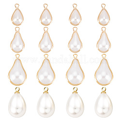 BENECREAT 16pcs 4 style ABS Plastic Imitation Pearl Pendants, with Brass Findings, Real 18K Gold Plated, Mixed Shape, Creamy White, 12.5~17.5x5.5~10mm, Hole: 1~1.5mm, 4pcs/style