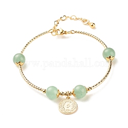 Bracelet à breloques pièce de monnaie en laiton avec aventurine verte naturelle, bijoux en pierres précieuses pour femmes, or, diamètre intérieur: 2-1/4 pouce (5.8 cm)