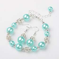 Glass Pearl Jewelry Sets: Earrings & Bracelets, with Brass Rhinestone Beads, Alloy Lobster Claw Clasps, Iron Chains and Brass Earring Hooks, Silver Color Plated, Pale Turquoise, 39mm, 195mm