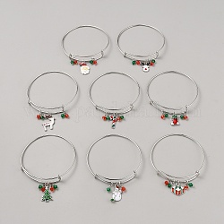 8 個 8 スタイルのクリスマステーマ調節可能な合金バングルセット  エナメル＆プラスチックビーズチャーム付き  ミックスカラー  内径：2-1/2インチ（6.3cm）  1個/スタイル