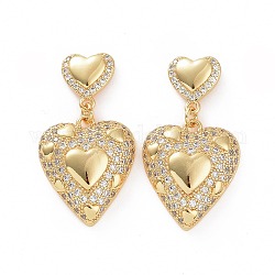 Boucles d'oreilles pendantes en forme de cœur avec zircone cubique transparente, bijoux en laiton pour femme, or, 33mm, pin: 0.7 mm