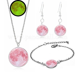 Conjuntos de joyería luminosa con efecto luna de aleación y vidrio., incluyendo pulseras, aretes y collares, rosa