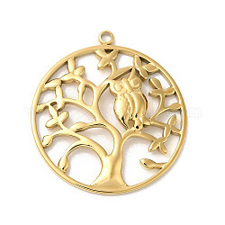 Manual Polishing 304 Stainless Steel Pendants, Flat Round with Tree of Life & Owl Charm, Real 18K Gold Plated, 30x27.5x3mm, Hole: 1.8mm
