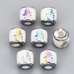 Perles en verre electroplate, colonne avec motif papillon, multi-couleur plaquée, 11.5x11.5mm, Trou: 2.5mm