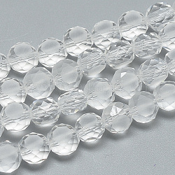 Frosted Glass Beads Strands, Faceted, Flat Round, Clear, 14x9~10mm, Hole: 2mm, about 50pcs/25.3 inch