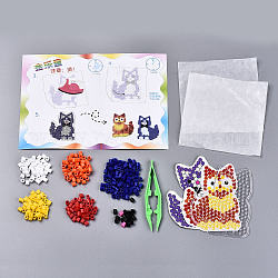 Bricolage 400pcs kits de perles de fusible de tube, avec 1 pc chat abc panneaux perforés en plastique, 2pcs papier à repasser, 1 pinces de perles pc en plastique, motif de chat, couleur mixte, 5x5mm, Trou: 3mm