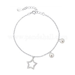 925 стерлингового серебра шарм браслеты, с оболочки жемчужные бусины и кубического циркония, звезда, прозрачные, серебряные