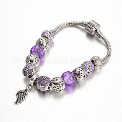 Alliage perles de verre bracelets européens, avec strass et chaîne en laiton, support violet, 180mm
