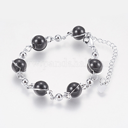 Glas runde Perlen Armbänder, mit  eisernem Zubehör, kantille, und Karabinerverschlüsse, langlebig plattiert, Runde, Platin Farbe, Schwarz, 6-7/8 Zoll (175 mm)
