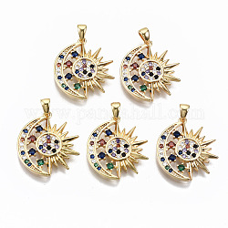 Brass Micro Pave Colorful Cubic Zirconia Pendants, Sun with Moon, Nickel Free, Real 18K Gold Plated, 21x18.5x2.5mm, Hole: 2x3mm