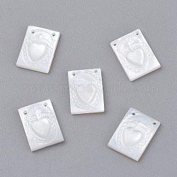 Breloque de coquille de nacre blanche naturelle, rectangle avec le coeur, 11x8x1.5mm, Trou: 0.8mm