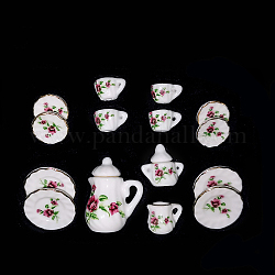 Mini servizio da tè in porcellana, comprese teiere da 2 pz, 5 tazza da tè, 8 pz piatti, per accessori per la casa delle bambole, fingendo decorazioni di scena, modello di fiore, 121x86x25mm, 15 pc / set