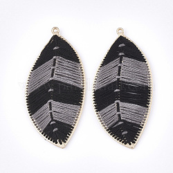 Cotton Thread Woven Big Pendants, with Alloy Findings, Leaf, Golden, Black, 73x35x3mm, Hole: 1.8mm