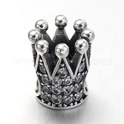 Corona placcata in argento antico 925 perline in stile europeo con micro pavé di zirconi cubici in argento sterling, perline con foro grande, chiaro, 11x10mm, Foro: 4 mm