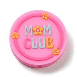 Piatto rotondo con perline focali in silicone word mom club, masticare perline per i denti, fare collane fai-da-te fai-da-te, rosa caldo, 27.5x6.5mm, Foro: 3 mm
