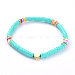 Handmade Polymer Clay Heishi Bead Stretch Bracelets, with Heart Brass Beads and Alloy Spacer Beads, Medium Turquoise, 2-1/8 inch(5.3cm)