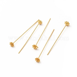 Brass Flower Head Pins, Real 18K Gold Plated, 54mm, Flower: 6x6x4mm, Pin: 0.7mm(21 Gauge)