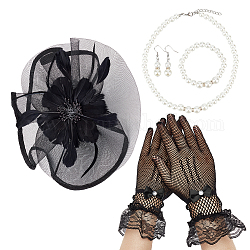 Ахадермейкер принадлежности для вечеринки, включая длинные перчатки из сетки из полиэстера и кружевной манжеты, шляпа-цветок из сеточки из органзы, ободок для волос из перьев, Ожерелье из АБС-пластика с жемчужными бусинами, эластичный браслет и серьги с подвесками, чёрные, 265x133x8 мм