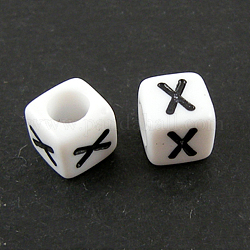 Perles européennes de lettre en acrylique, trou horizontal, cube, letter.x, 10x10x10mm, Trou: 3.5~4mm, environ 598 pcs/500 g