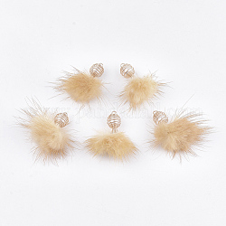 Decorazioni pendenti con nappine in pelliccia di visone sintetico, con abs in plastica imitazione perla e risultati in ferro, oro chiaro, peachpuff, 29~34x9~9.5mm, Foro: 2 mm
