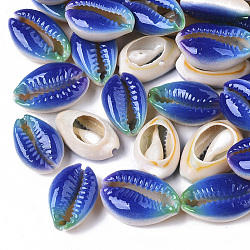 Printed Natural Cowrie Shell Beads, No Hole/Undrilled, Rainbow Style, Blue, 18~21x12~15x7mm