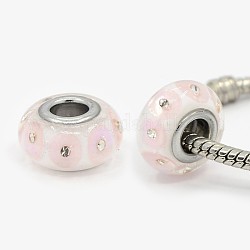 Klasse A Polymer Clay Schmelz European Beads, großes Loch Rondell mit Punkt-Perlen, mit Platin Messing Doppelkerne, rosa, 16x9 mm, Bohrung: 5 mm