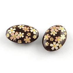 Flower Pattern Opaque Printed Acrylic Beads, Oval, Coconut Brown, 19x13.5x6mm, Hole: 2mm