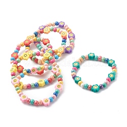 Runde Stretch-Armbänder aus Naturholzperlen, Manuell Polymer Ton Perlen, Blume mit lächelndem Gesicht, Mischfarbe, Innendurchmesser: 2 Zoll (5.2 cm)