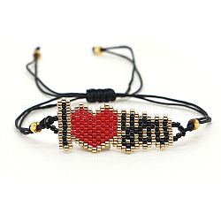 Bracelet à maillons avec mot en perles de rocaille en verre, je t'aime, bracelet réglable tressé, rouge, pas de taille