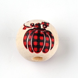 Des perles en bois naturel, rond avec motif à carreaux citrouille, rouge, 15~16mm, Trou: 4mm