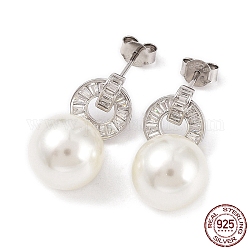 Cubic Zirconia Ring with Shell Pearl Dangle Stud Earrings, Rhodium Plated 925 Sterling Silver Earrings for Women, Platinum, 25x12mm