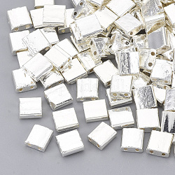Electroplate Glass Seed Beads, 2-Hole, Rectangle, Silver Plated, 5x4.5~5.5x2~2.5mm, Hole: 0.5~0.8mm