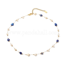 Collar de perlas y lapislázuli natural, joyas de acero inoxidable chapado en oro para mujer., 15.98~16.14 pulgada (40.6~41 cm)
