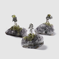 Natural Peridot Cluster & Alloy Miner Model Ornament, for Desk Home Decoration, 37~50x30~40x36.5~43.5mm