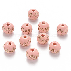 Perles de bois naturel peintes, motif gravé au laser, ronde avec motif de fleurs, rose, 10x9mm, Trou: 3mm