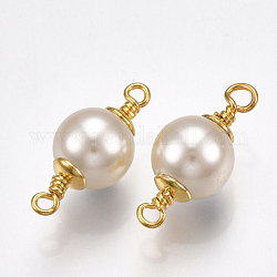 Connettori per maglie in ottone, con perla in plastica imitazione abs, tondo, vero placcato oro 18k, 16x6mm, Foro: 1.5 mm