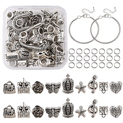 Fabrication de bracelet européen bricolage, y compris les perles européennes en alliage et les bélières en tube, bracelets en laiton, argent antique, 98 pcs / boîte