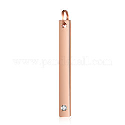 201 Stainless Steel Bar Tag Pendants, with Rhinestone, Rectangle, Crystal, Rose Gold, 32x3x1.5mm, Hole: 3mm