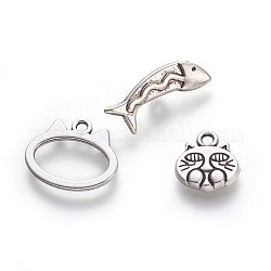 Tibetan Style Kitten Theme Alloy Toggle Clasps, Cat & Fish, Lead Free, Cadmium Free and Nickel Free, Cat & Fish & Oval, Antique Silver, Oval: 18x15mm, Cat: 13x12.5mm, Fish: 20x6.5mm, Hole: 2mm