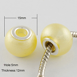 Spray Painted Glass European Beads, with Brass Silver Cores, Large Hole Beads, Rondelle, Silver, Champagne Yellow, 15x12mm, Hole: 5mm