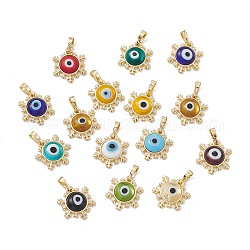 Handmade Evil Eye Lampwork Pendants, with Rack Plating Real 18K Gold Plated Brass Findings, Long-Lasting Plated, Snowflake Charm, Mixed Color, 15x14x4mm, Hole: 4x6.5mm