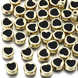 Perles d'émail en alliage, sans cadmium et sans plomb, plat et circulaire avec coeur, or clair, noir, 8x4mm, Trou: 1.5mm