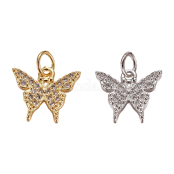 Brass Micro Pave Clear Cubic Zirconia Charms, with Jump Rings, Butterfly, Mixed Color, 11x12.5x2.5mm, Hole: 3mm, 4pcs/box