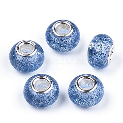 Epoxidharz europäische Perlen, Großloch perlen, mit Glitzerpulver und platinfarbenen Messingdoppeladern, Rondell, Verdeck blau, 14x9 mm, Bohrung: 5 mm