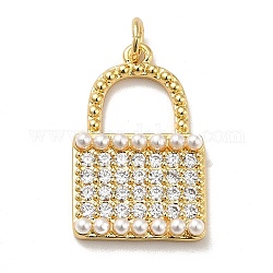 Brass Micro Pave Cubic Zirconia Pendants, with Plastic Imitation Pearl and Jump Ring, Long-Lasting Plated, Real 18K Gold Plated, Padlock, Clear, 23x15x3mm