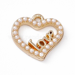 Pendenti di perle imitazione plastica abs, con rinvenimento in lega d'oro leggera, cuore con la parola amore, bianco, 14.5x14.5x2.5mm, Foro: 1.6 mm