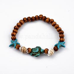 Bracelets ronds en bois, avec du turquoise synthétique teint (teint) et des perles en spirale, tortue et étoile de mer / étoiles de mer, 2-1/8 pouce (5.3 cm)