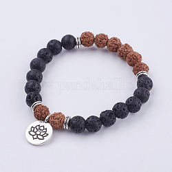 Yoga Theme Lava Rock Bodhi Wood Beads Stretch Charm Bracelets, with Tibetan Style Alloy Findings, Lotus, 50mm, about 22pcs/strand